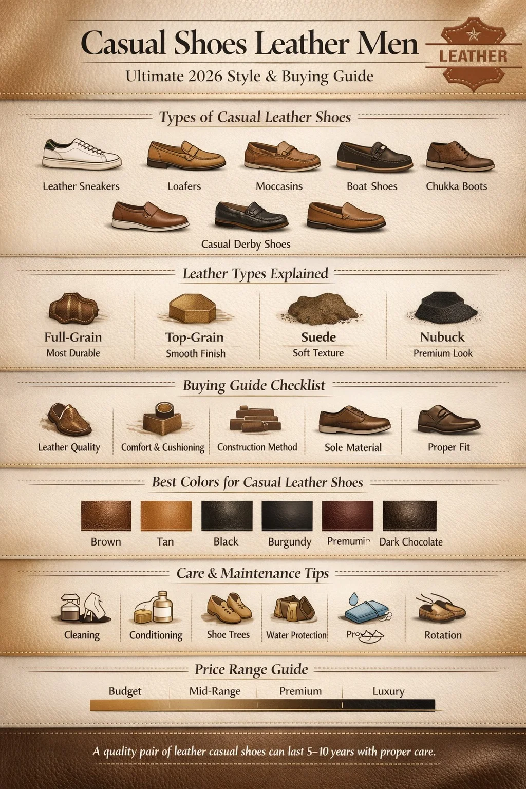 Casual leather shoes for men infographic showing shoe types, leather materials, buying guide, care tips, and price ranges in a 2026 style guide.