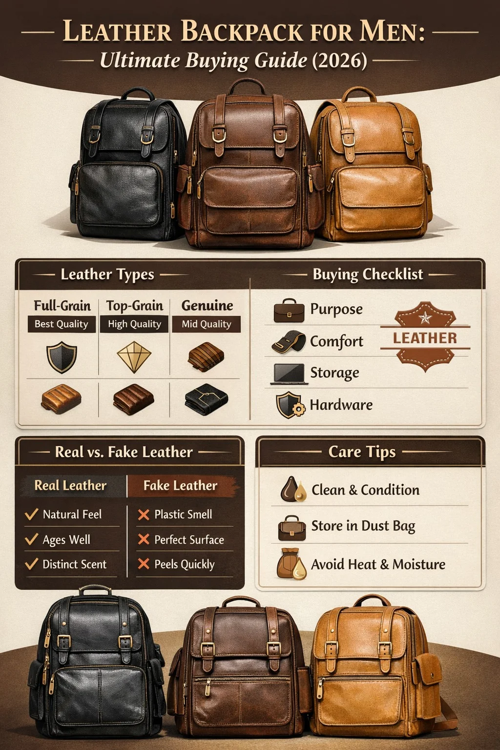 "Leather backpack for men infographic showing leather types comparison, buying tips, real vs fake leather guide, and care instructions for long-lasting use."