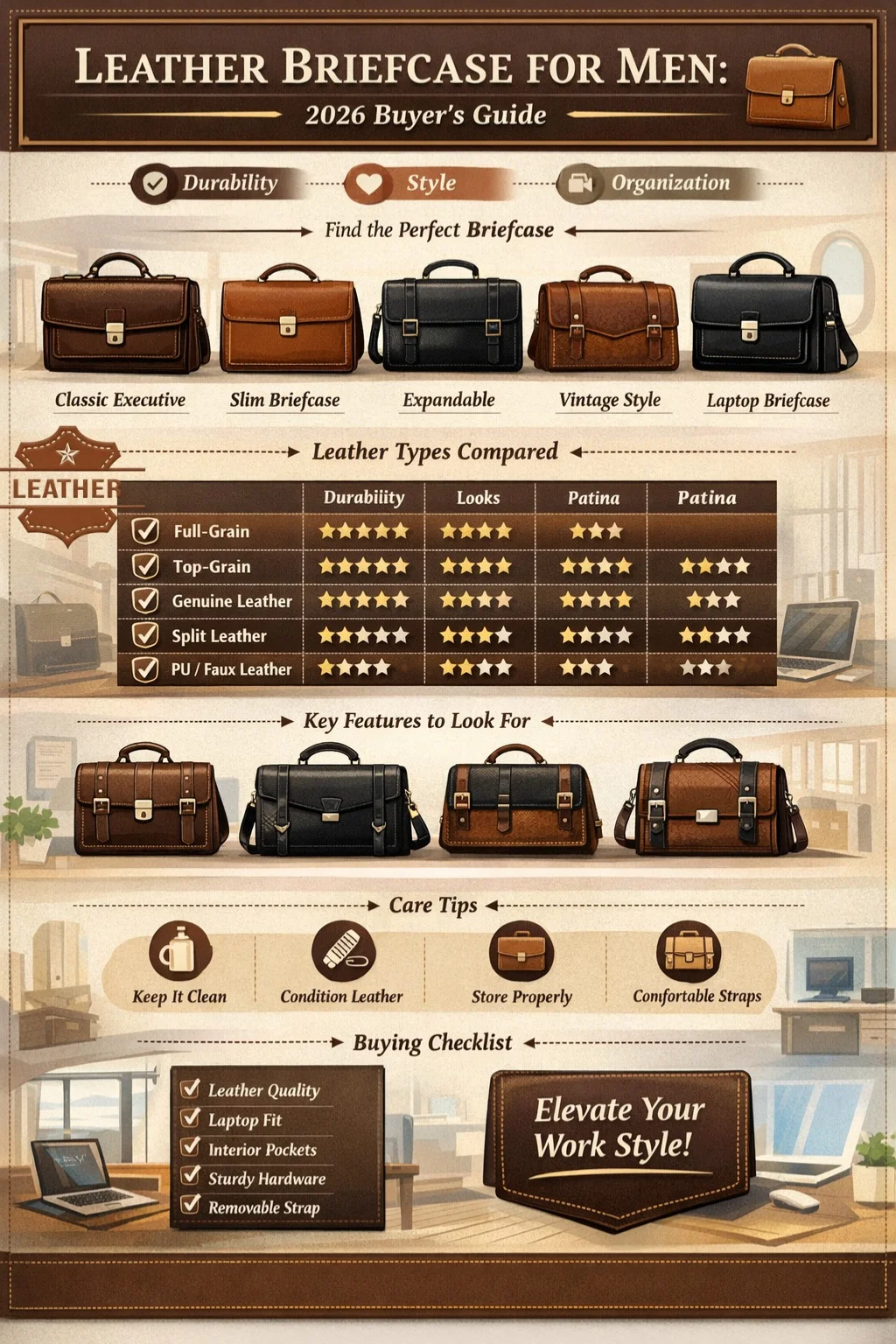 "Infographic showing different types of leather briefcases for men in 2026, including classic executive, slim, expandable, vintage, and laptop styles. Features a comparison chart of leather types, key features like hardware and stitching, care tips, and a buying checklist."