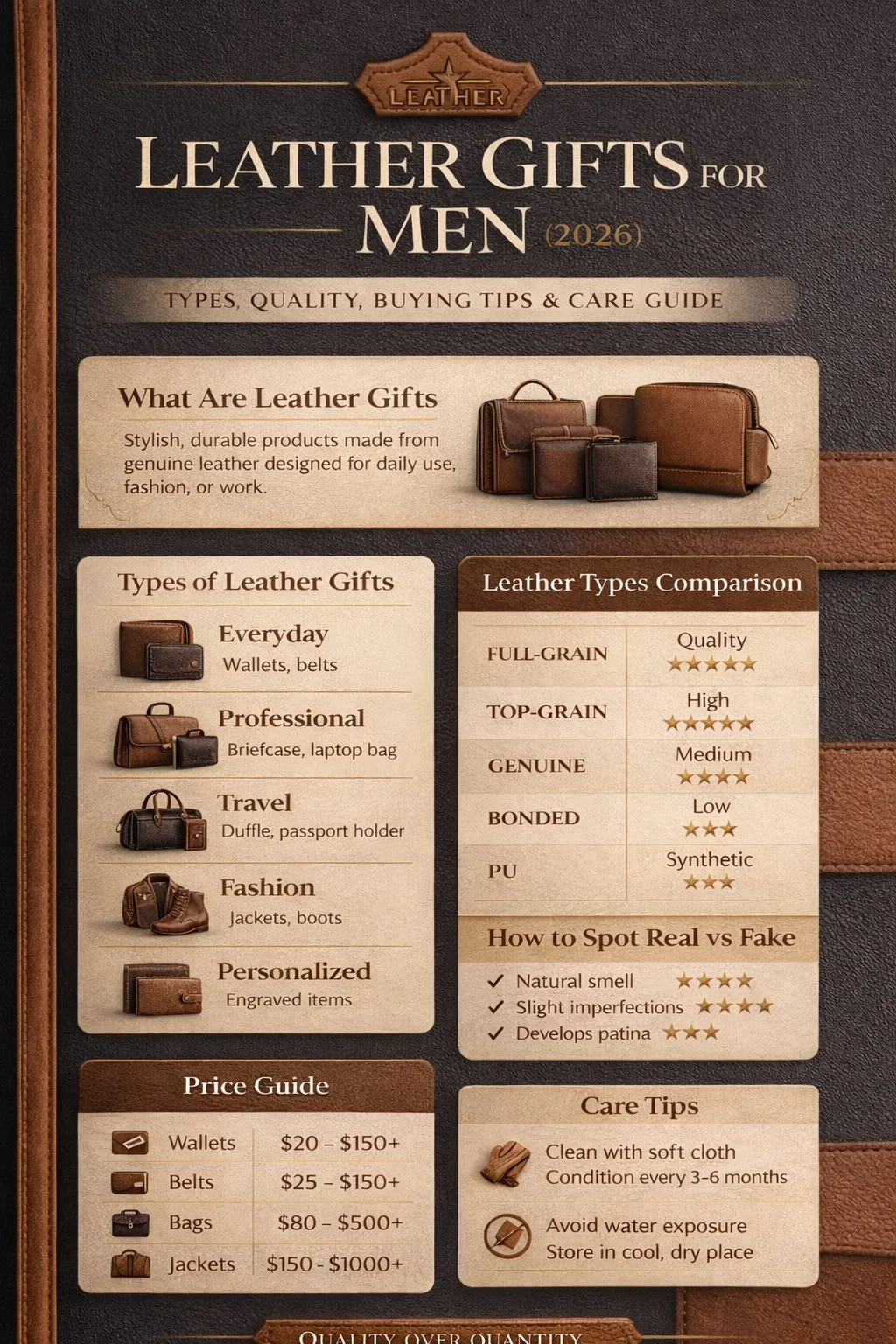 Leather gifts for men infographic showing types of leather items, leather quality comparison, buying tips, price guide, and care instructions for 2026.