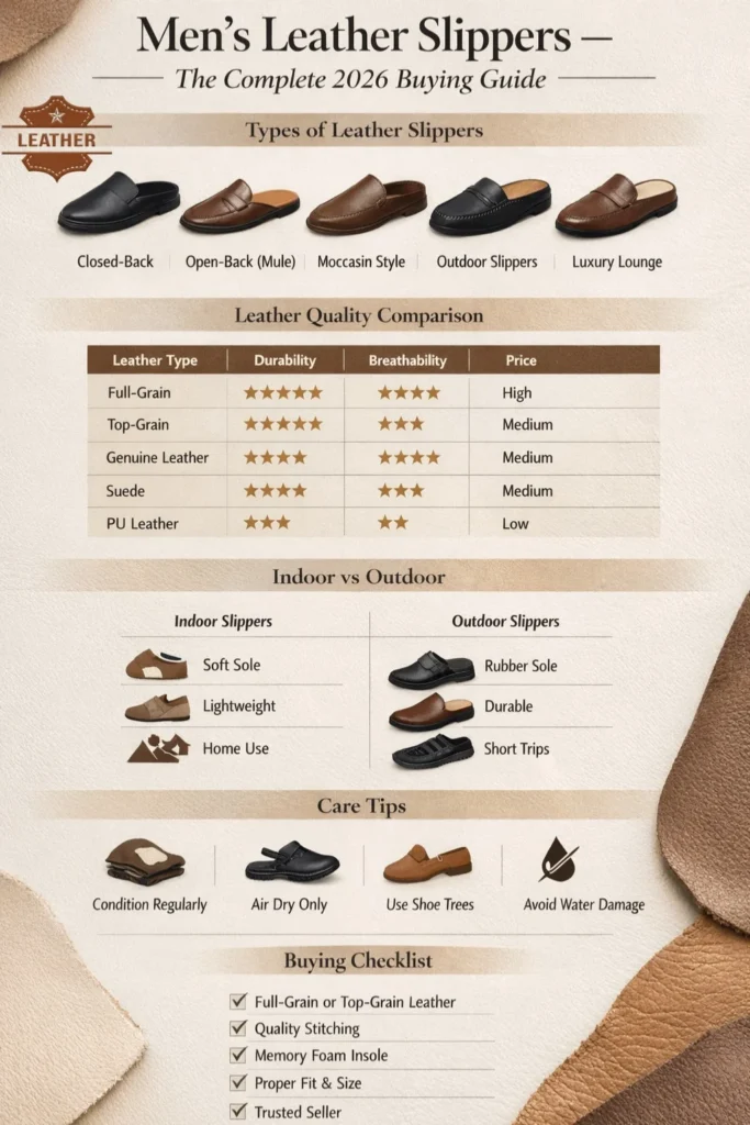 Infographic showing the complete 2026 guide for men’s leather slippers, including types, leather quality, indoor vs outdoor comparison, care tips, and buying checklist.