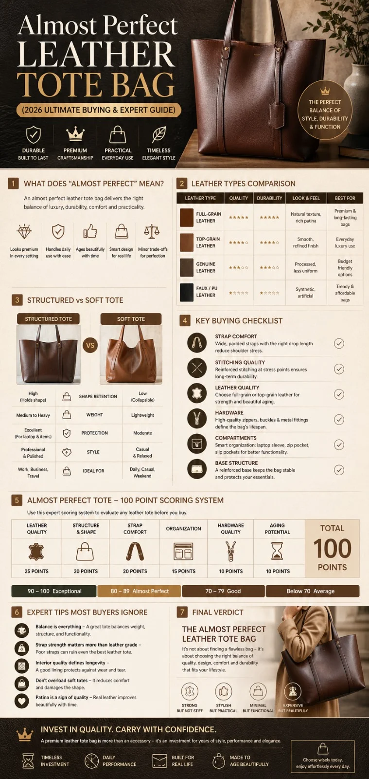 Almost perfect leather tote bag infographic 2026 showing buying guide, leather types, structure comparison, and expert evaluation tips for premium handbags.
