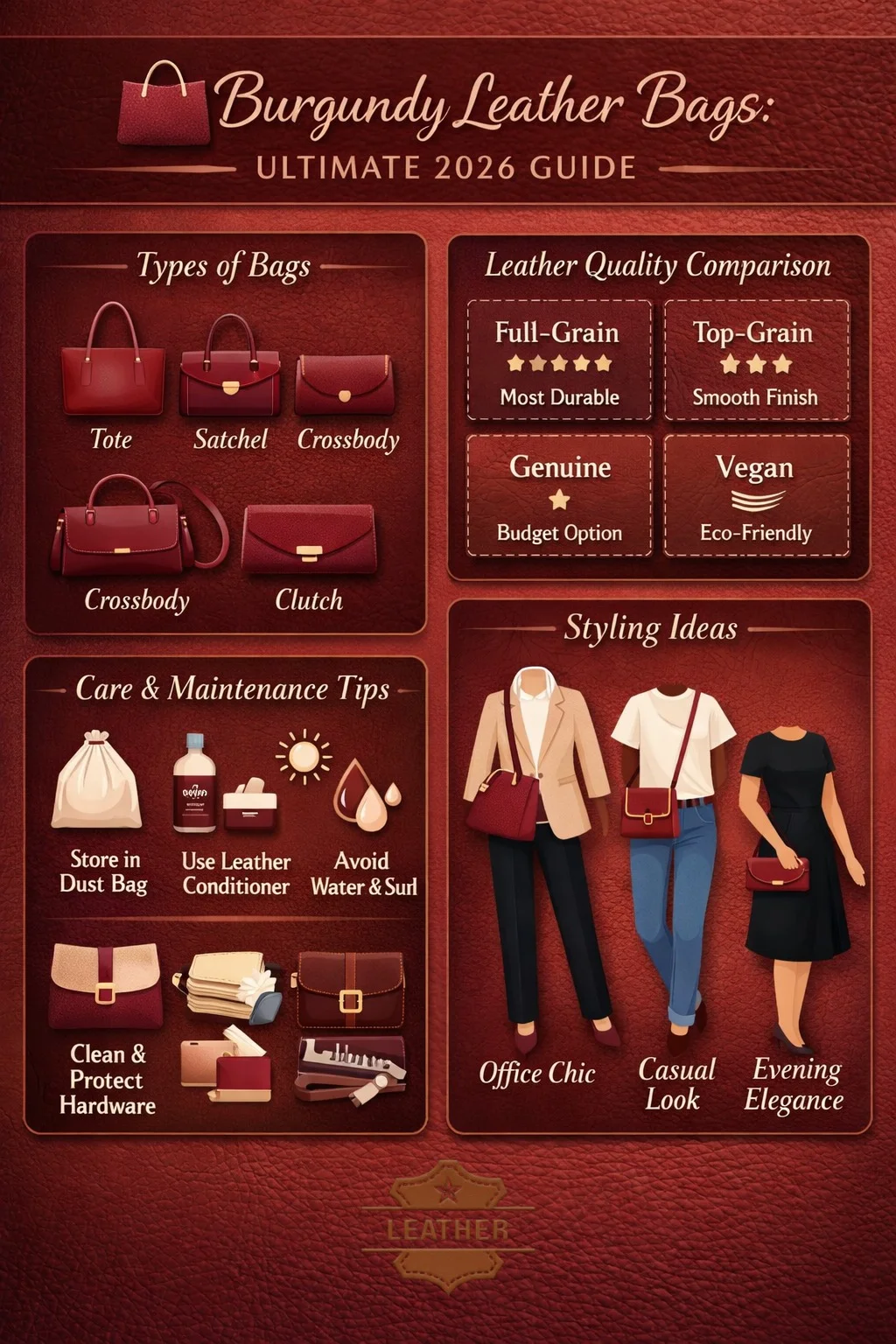“Infographic showing types, leather quality, care tips, and styling ideas for burgundy leather bags in 2026.”