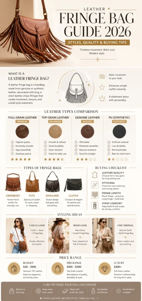 Leather fringe bag guide infographic showing styles, leather types, buying tips, pricing, and fashion styling ideas for 2026.