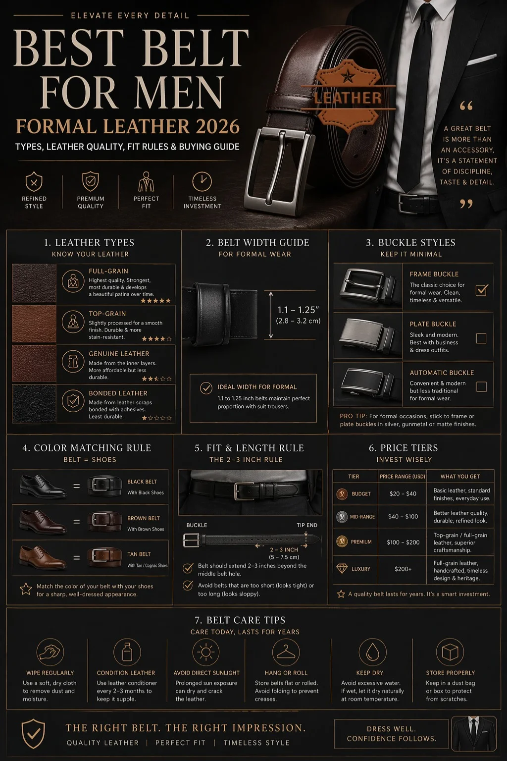 Best belt for men formal leather guide infographic showing leather types, buckle styles, fit rules, and buying tips for 2026 formal wear fashion.