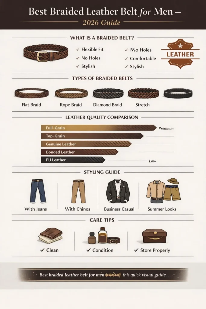 Best braided leather belt for men infographic showing types, leather quality comparison, styling tips, and buying guide for 2026.