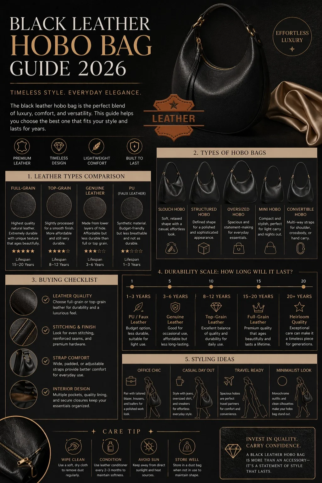 Black leather hobo bag guide infographic showing types, leather quality comparison, buying tips, durability scale, and styling ideas for 2026.