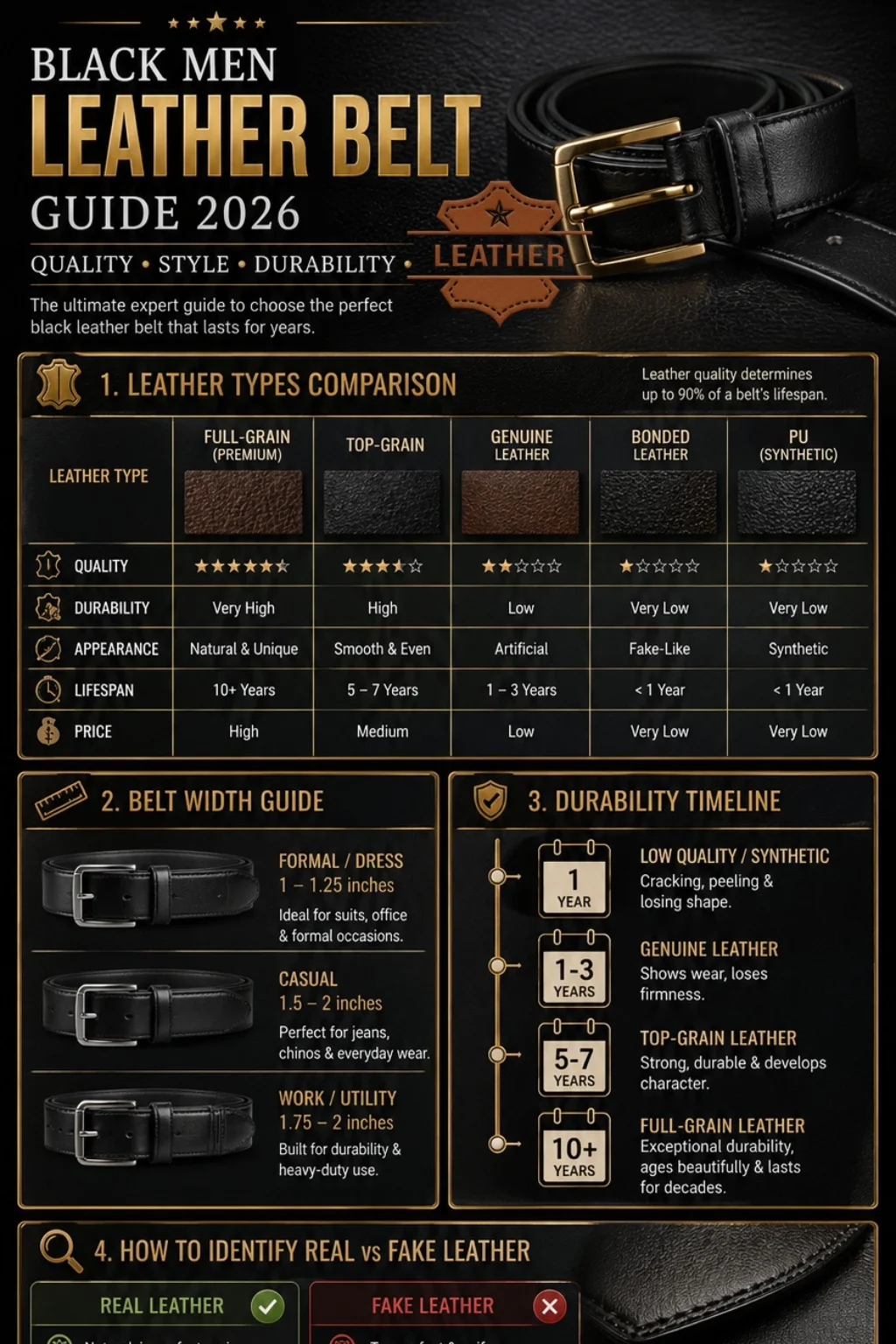 Black men's leather belt guide infographic showing leather types, durability comparison, sizing tips, and buying checklist for high-quality belts.