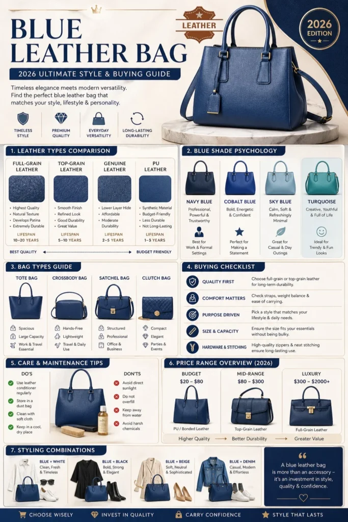 Blue leather bag infographic showing types, leather quality, styling guide, care tips, and buying advice for 2026 fashion trends.