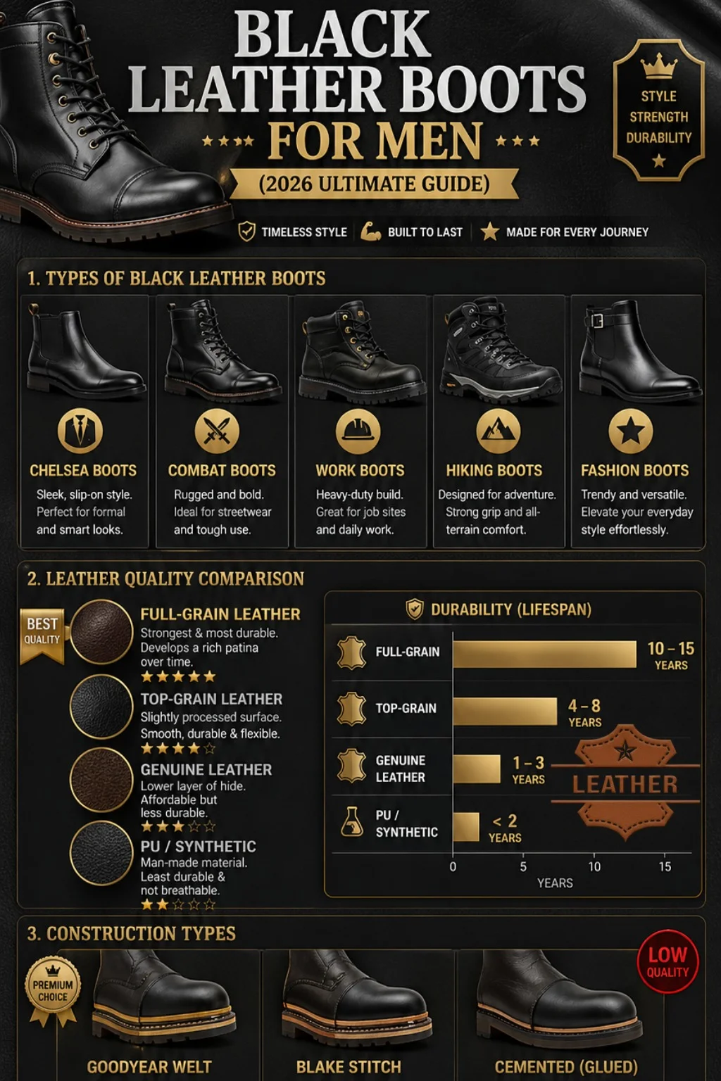 Black leather boots for men infographic showing types, leather quality comparison, construction methods, buying guide checklist, and maintenance tips for 2026 durability and style.