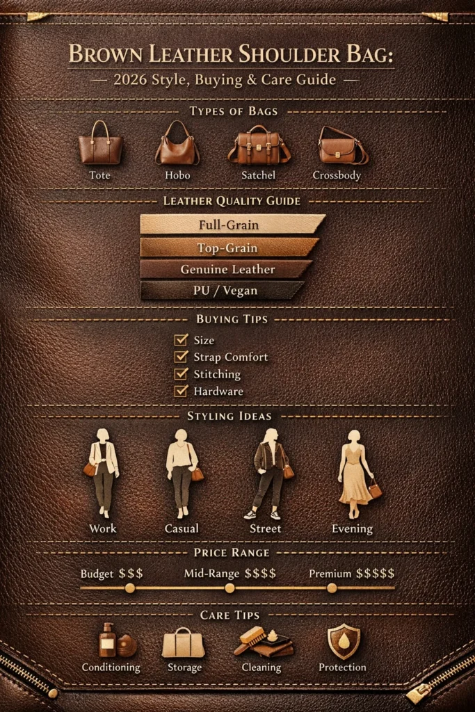 Brown leather shoulder bag infographic showing types, leather quality comparison, buying tips, styling ideas, price range, and care guide for 2026