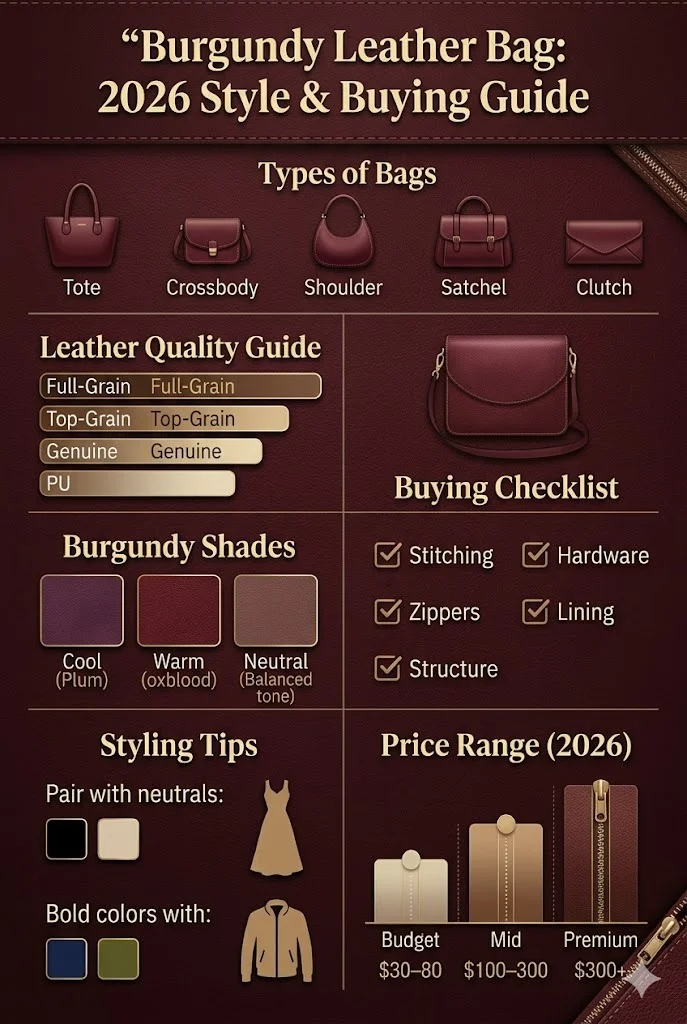 Burgundy leather bag infographic showing types, leather quality comparison, burgundy shades, buying checklist, styling tips, and 2026 price guide