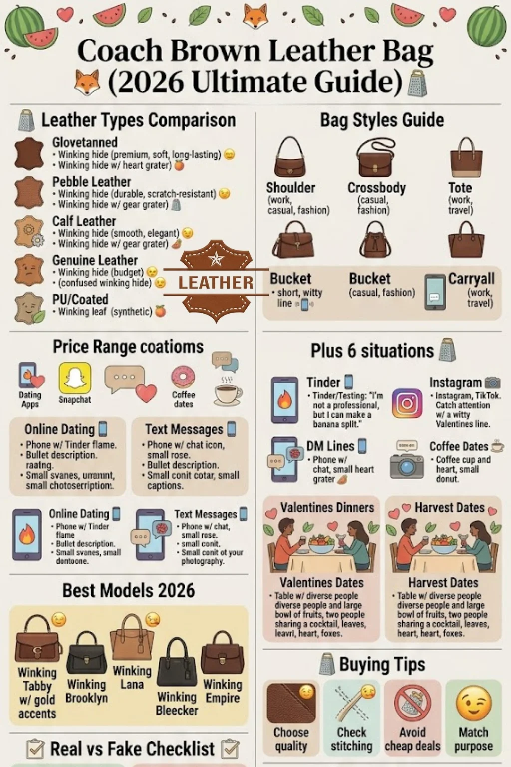 Coach brown leather bag infographic showing leather types, styles, authenticity tips, buying guide, and care instructions for 2026.