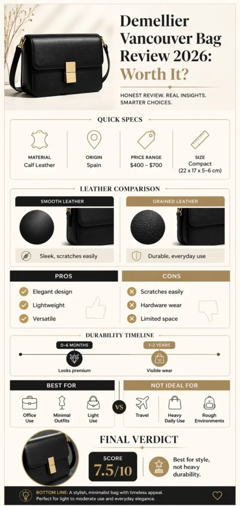 Demellier Vancouver bag review 2026 infographic showing leather quality, durability, pros and cons, price range, and buying guide.