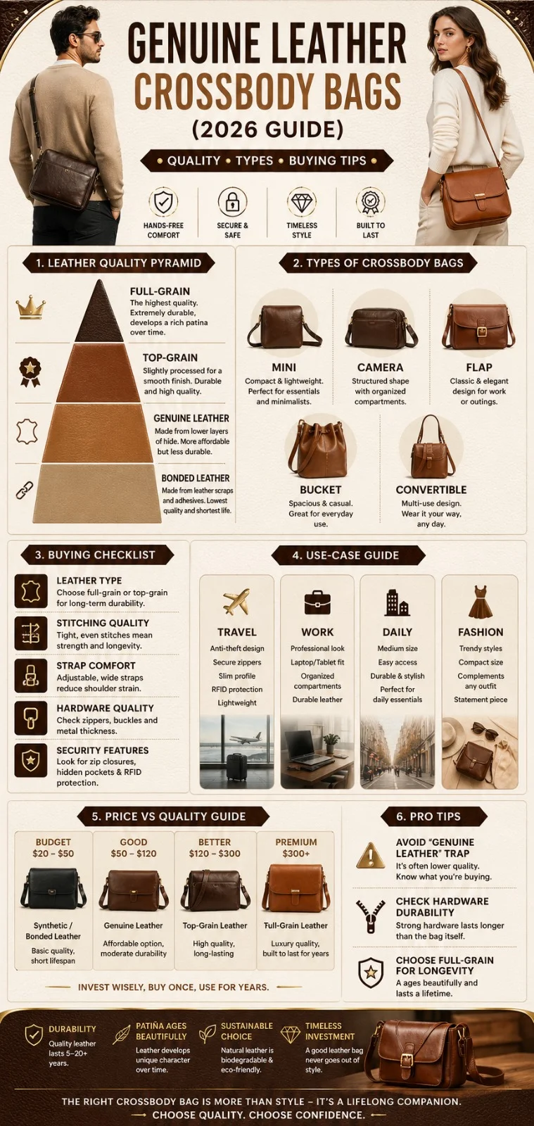 Genuine leather crossbody bags infographic showing leather types, buying guide, styles, price comparison, and durability tips for 2026 buyers.