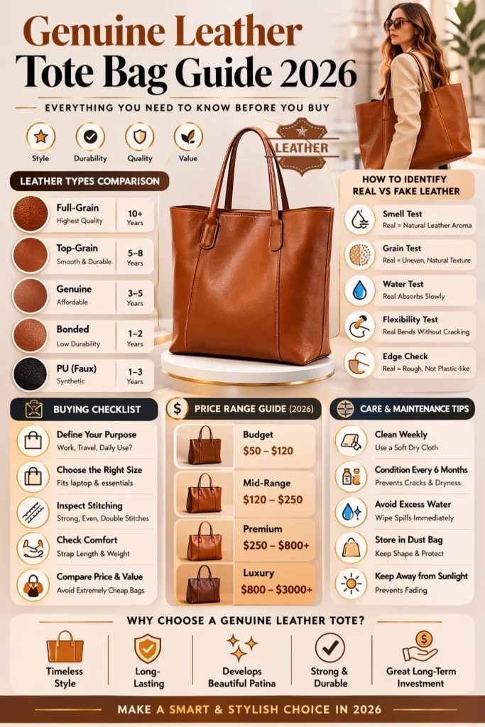 Genuine leather tote bag guide infographic showing leather types comparison, buying checklist, real vs fake leather tests, care tips, and 2026 price ranges in a luxury fashion layout.