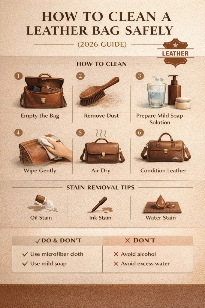 How to clean a leather bag safely, step-by-step infographic showing cleaning process, stain removal tips, and leather care do’s and don’ts