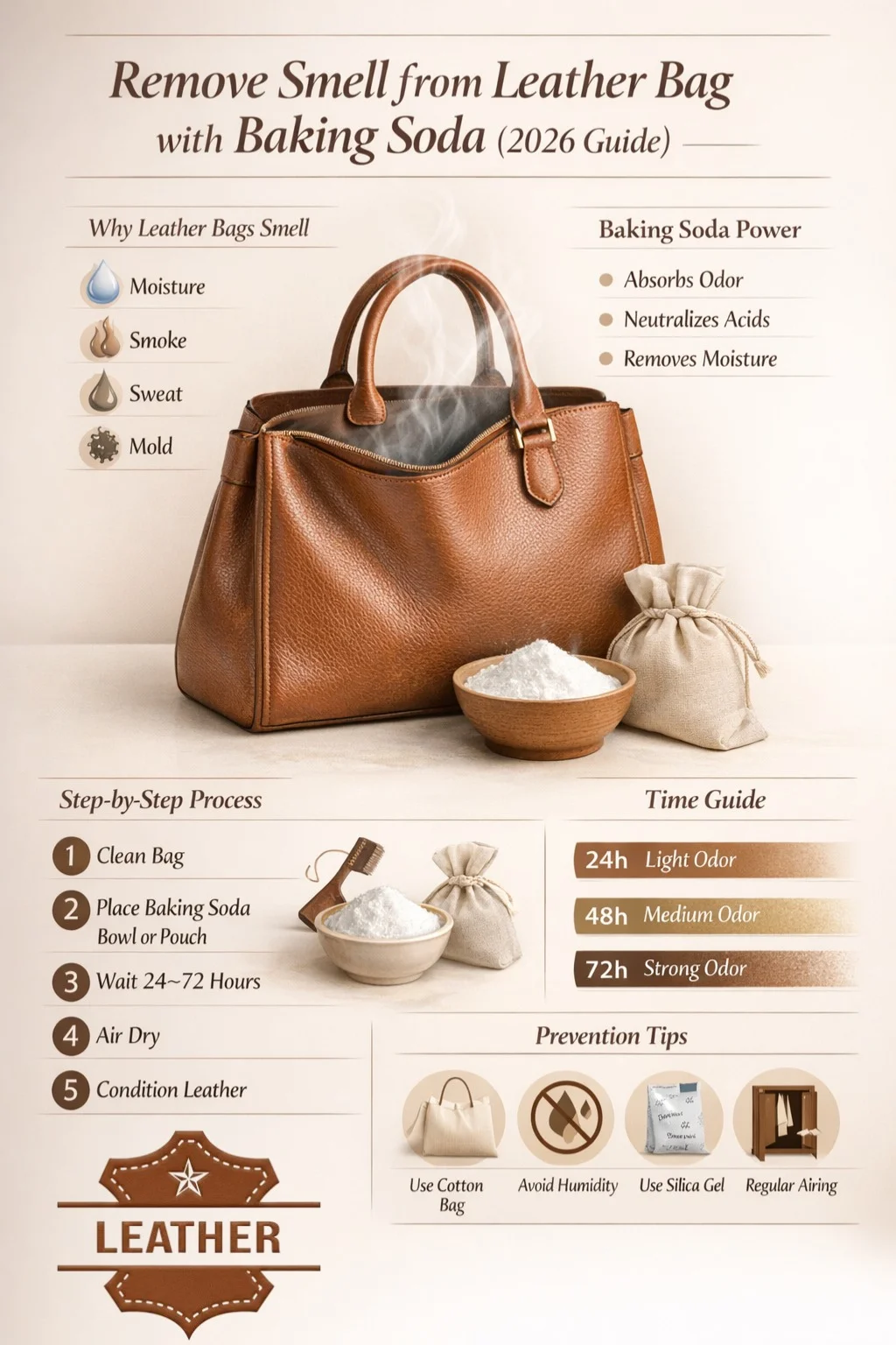 Infographic showing how to remove smell from a leather bag with baking soda using a step-by-step method, including cleaning, odor absorption process, time guide, and leather care tips for 2026.