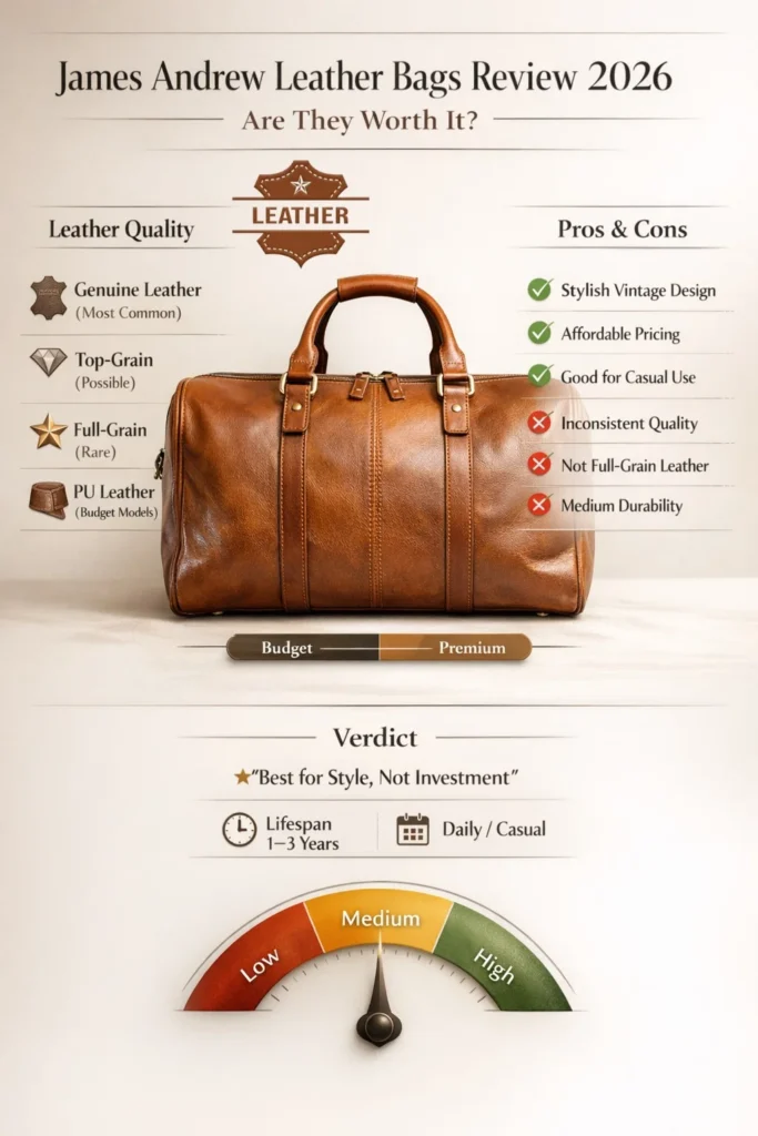 James Andrew leather bags review 2026 infographic showing leather quality types, pros and cons, durability, and final verdict for buyers.