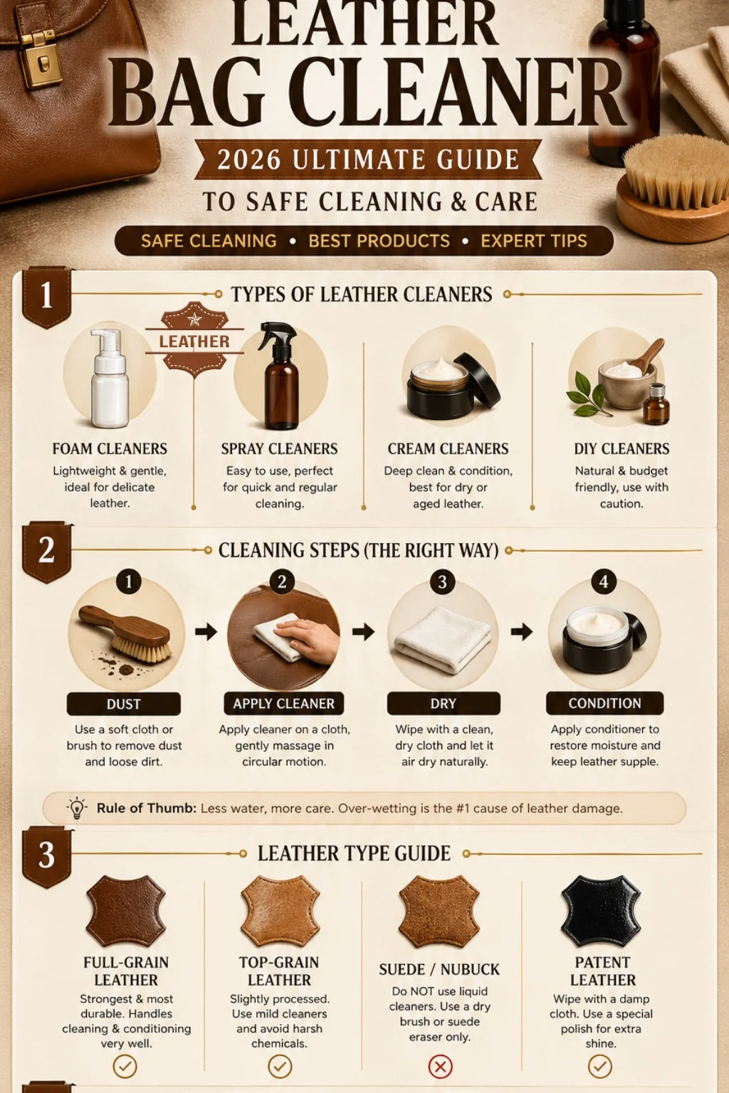 Leather bag cleaner infographic showing safe cleaning steps, types of cleaners, leather care tips, and mistakes to avoid for maintaining leather bags.