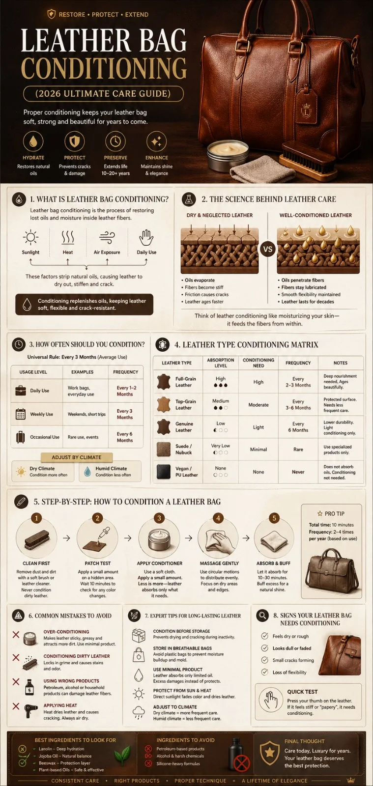 Leather bag conditioning infographic showing step-by-step care guide, leather fiber science, frequency chart, and expert tips for maintaining luxury leather bags in 2026.