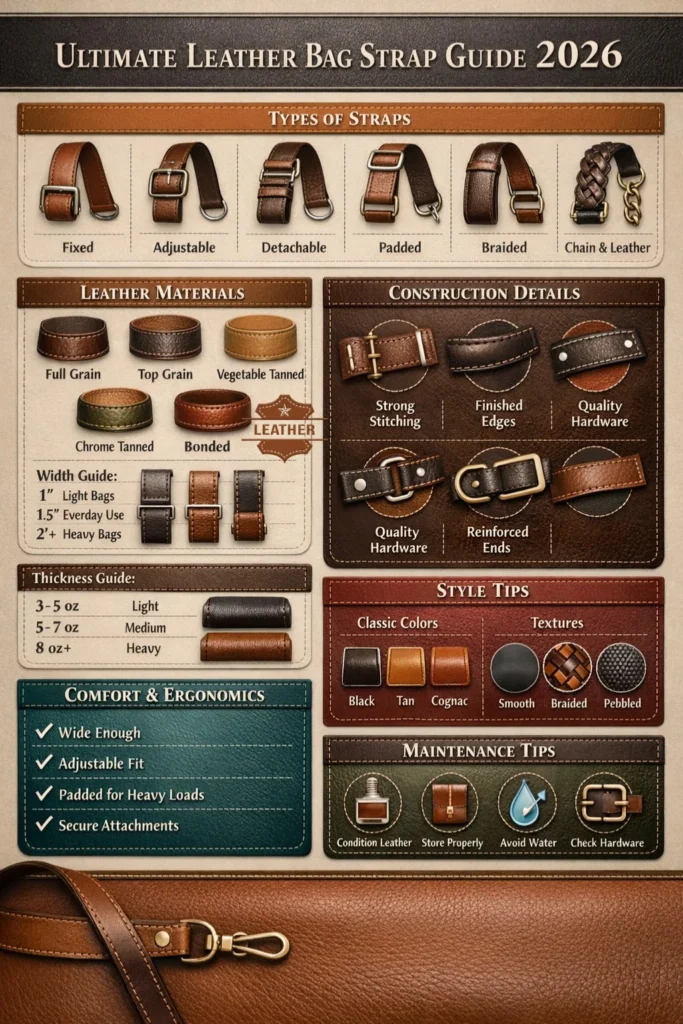 "Infographic showing the ultimate guide to leather bag straps, including types, materials, width, thickness, comfort tips, style ideas, and maintenance advice."
