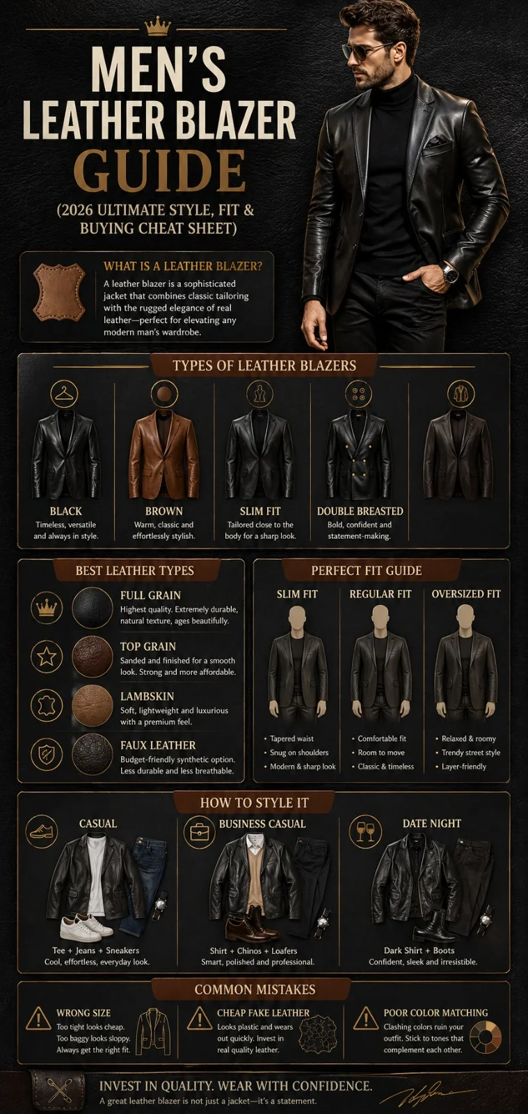 Men’s leather blazer guide infographic showing types, fit, styling tips, leather quality comparison, and buying advice for 2026 fashion trends.