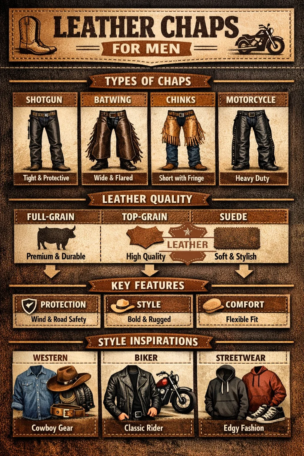 “Leather Chaps for Men Infographic showing types, leather quality, key features, and style tips for Western, Biker, and Streetwear outfits.”