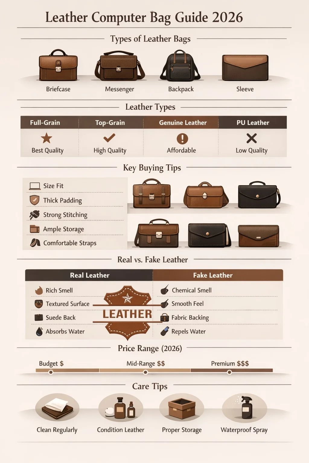 Leather computer bag guide infographic showing types, leather quality comparison, buying tips, price ranges, and care instructions for 2026.