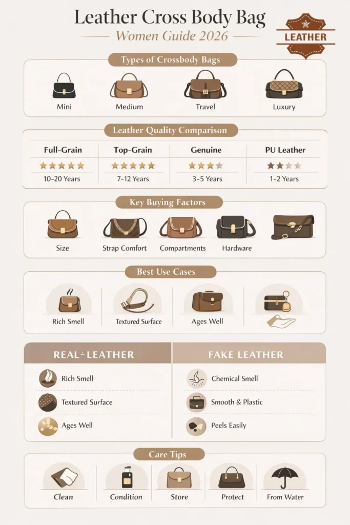 Leather cross body bag women infographic showing types, leather quality comparison, buying tips, styling ideas, and care guide 2026.