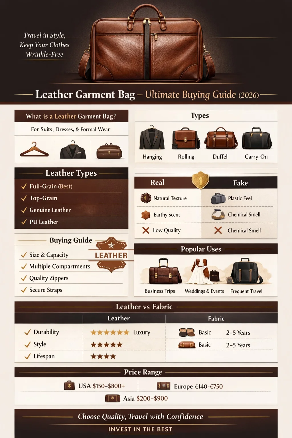 Leather garment bag infographic showing types, leather quality comparison, buying guide checklist, and travel tips for wrinkle-free clothing.