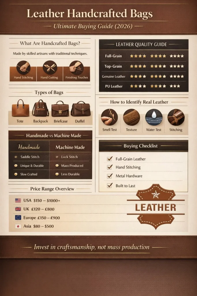 Leather Handcrafted Bags Ultimate Buying Guide 2026 showing leather types, craftsmanship, buying checklist, and premium bag comparison guide.