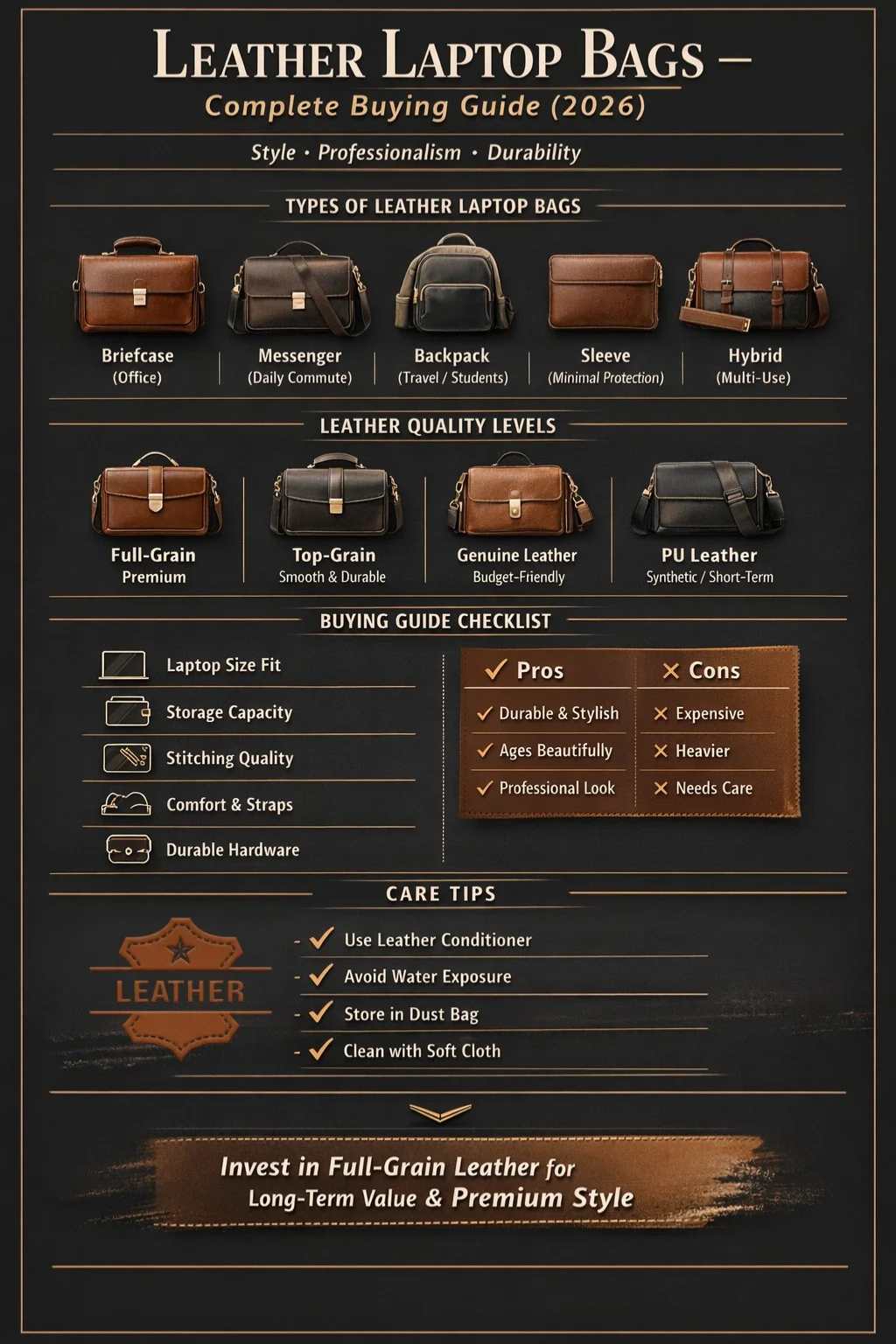 Leather laptop bags buying guide infographic showing types, leather quality, features, and care tips for 2026.