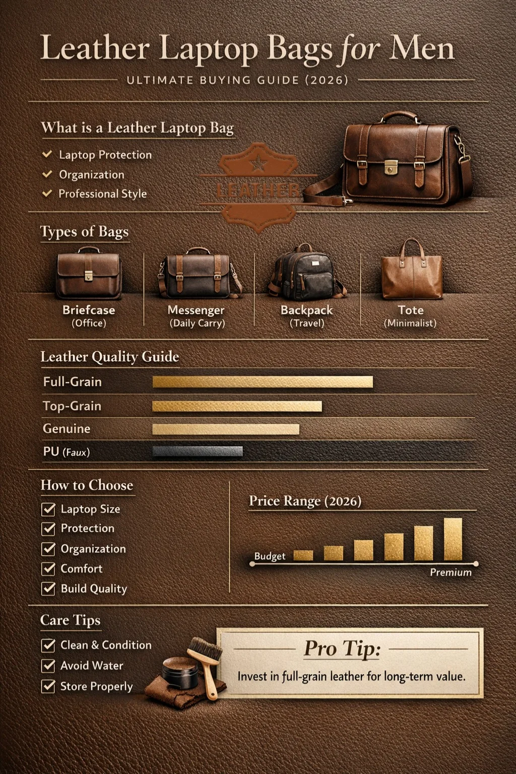 Leather laptop bags for men infographic showing types, leather quality comparison, buying tips, price ranges, and care guide for 2026.
