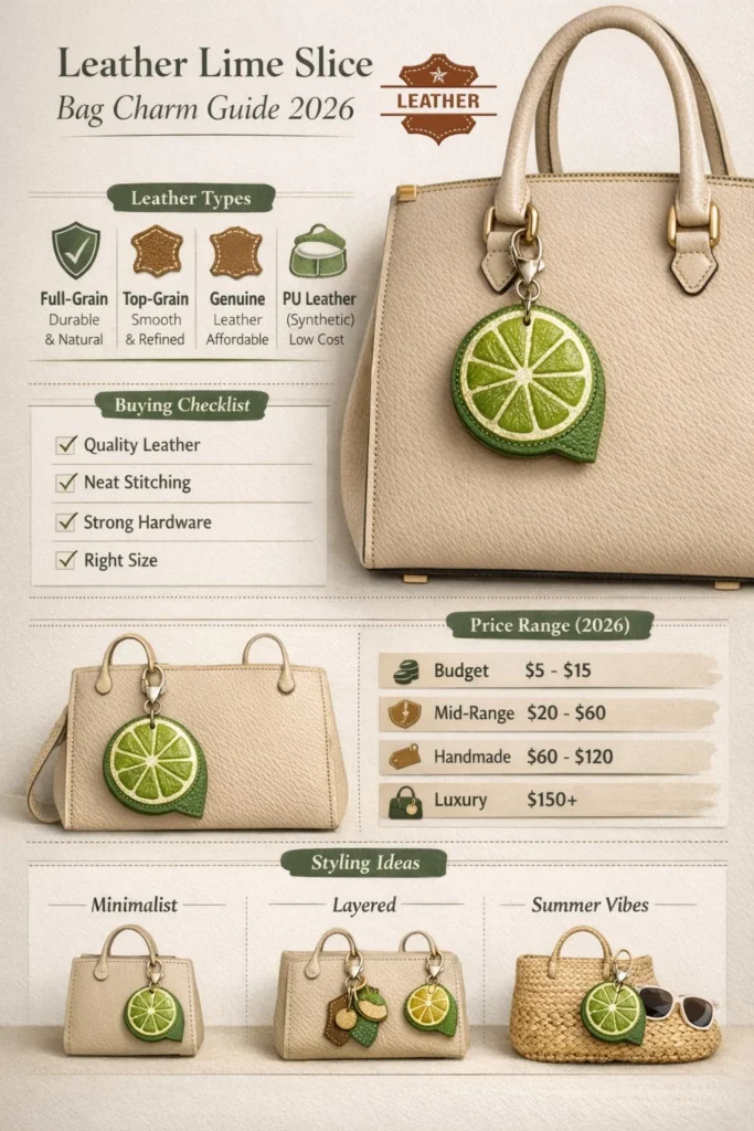 Leather lime slice bag charm infographic showing leather types comparison, buying checklist, styling ideas, and 2026 price guide.