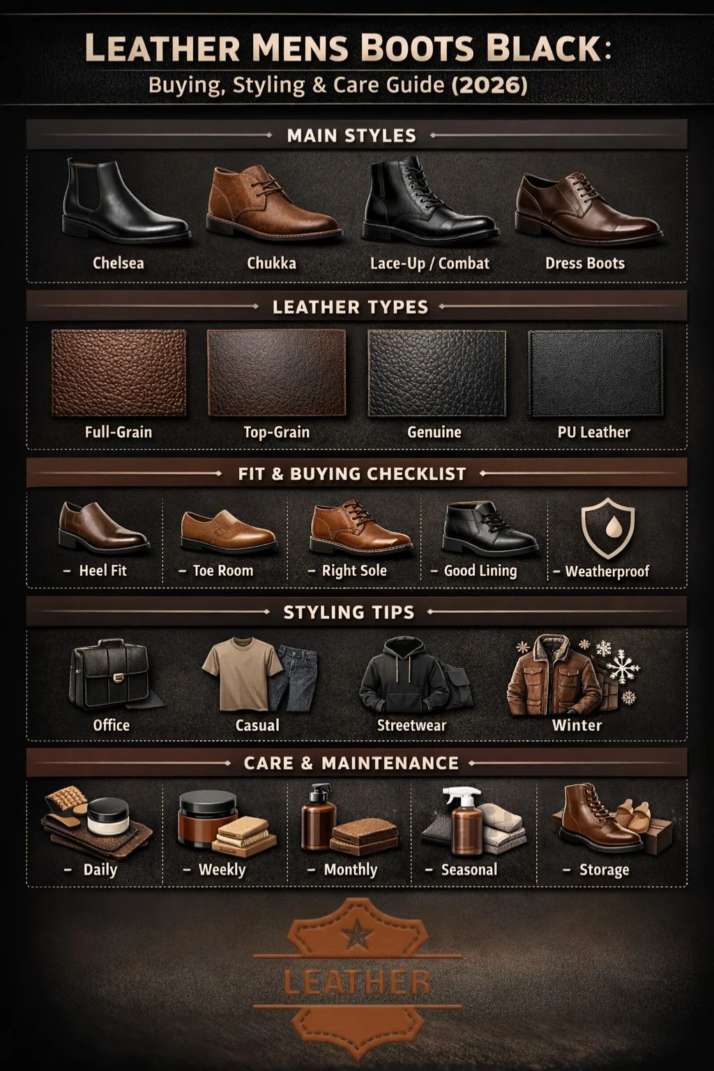 "Infographic showing black leather men’s boots styles, leather types, buying checklist, styling tips, and care guide for 2026."