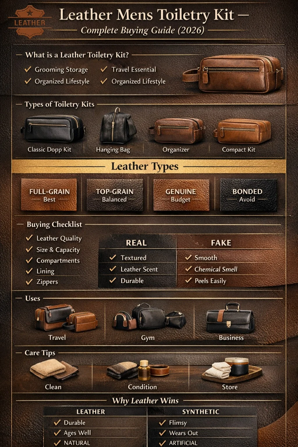 Leather men's toiletry kit infographic showing types, leather quality, buying checklist, care tips, and price guide for 2026.
