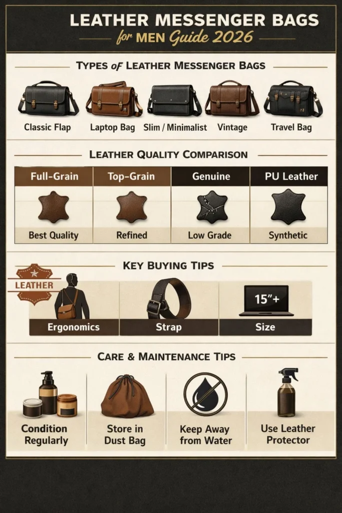 "Infographic showing the ultimate 2026 guide for leather messenger bags for men, including types, leather quality, key buying tips, and care instructions."