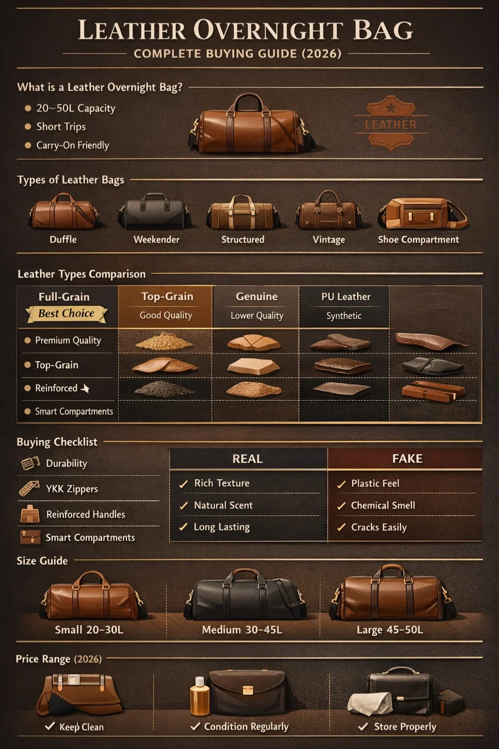 Leather overnight bag infographic showing types, leather quality comparison, buying tips, size guide, and care instructions for travel bags in 2026.