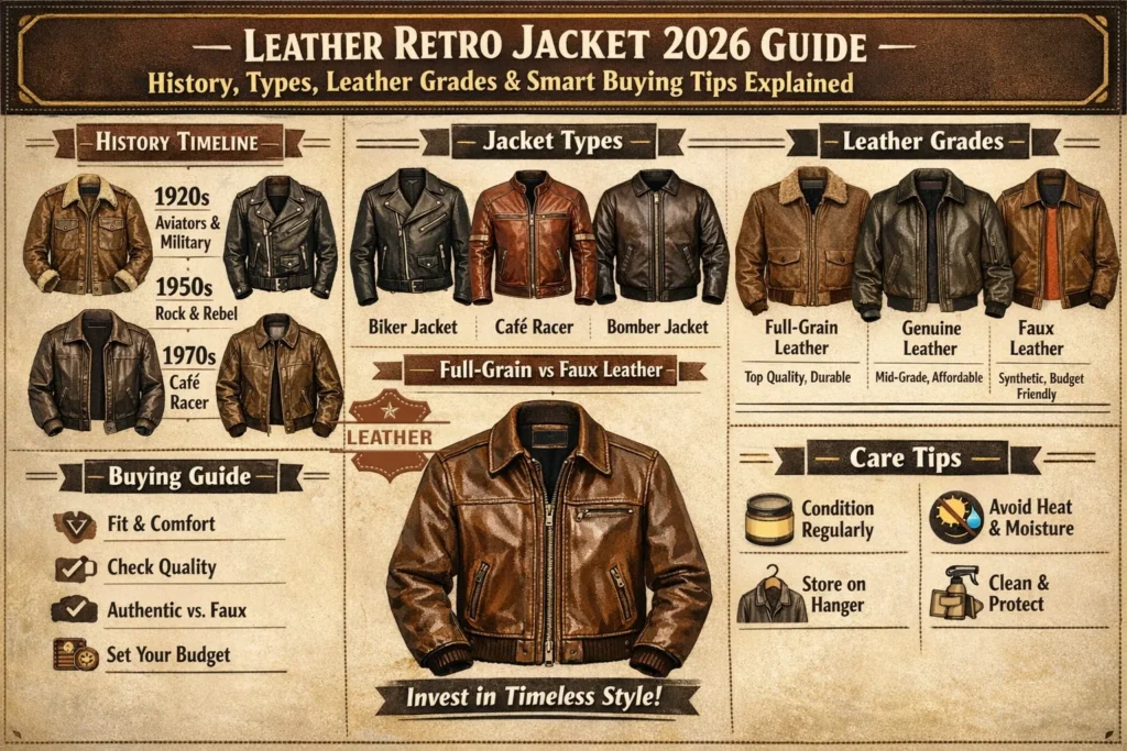 Leather retro jacket infographic showing history timeline, jacket types, leather grades comparison, buying guide, and care tips for 2026.
