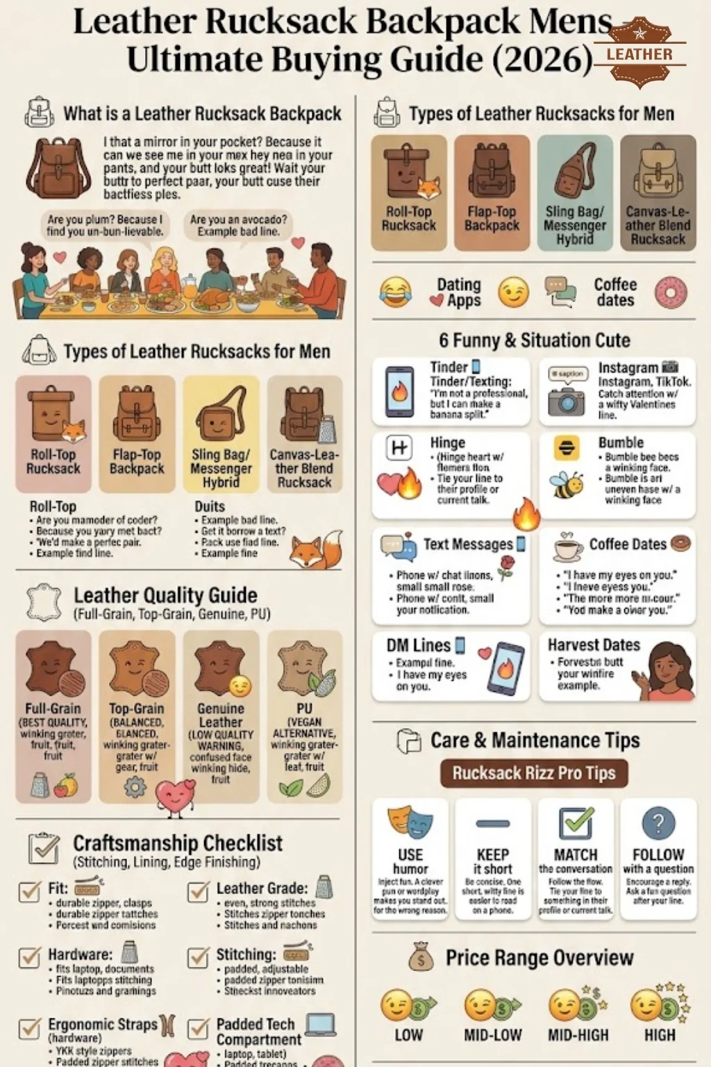 Leather rucksack backpack mens buying guide infographic showing types, leather quality, features, craftsmanship checklist, and care tips for 2026.