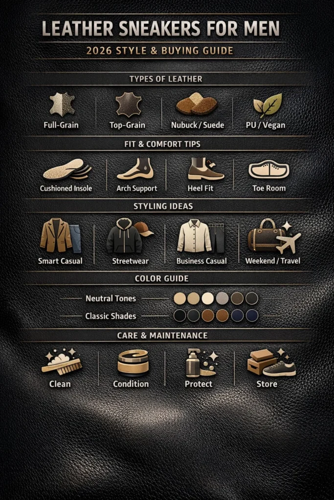 Infographic showing types of leather sneakers for men, fit tips, styling ideas, color guide, and care instructions for 2026.