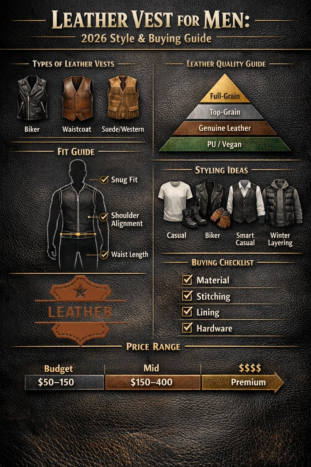 Leather vest for men infographic showing types, leather quality comparison, fit guide, styling ideas, buying checklist, and 2026 price ranges.