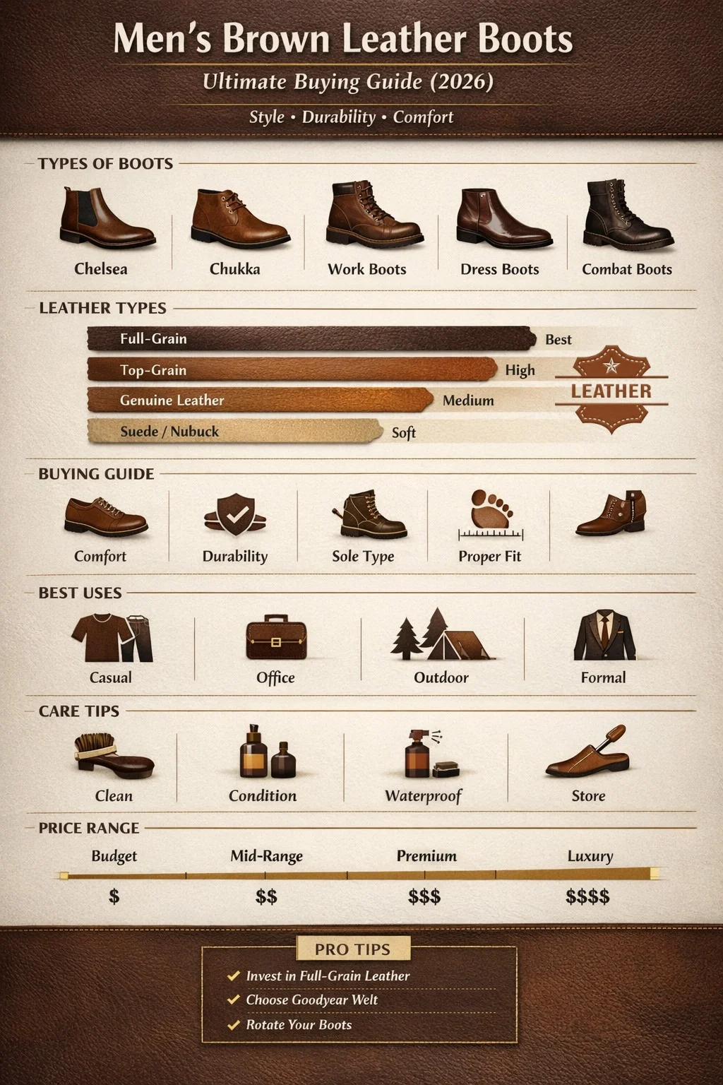 Men’s brown leather boots infographic showing types, leather quality, buying guide, care tips, and price ranges for 2026.