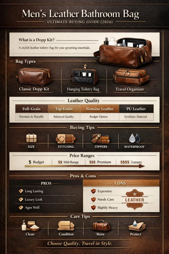Men’s leather bathroom bag guide infographic showing types, leather quality, buying tips, price ranges, and expert advice for 2026 travel grooming essentials.