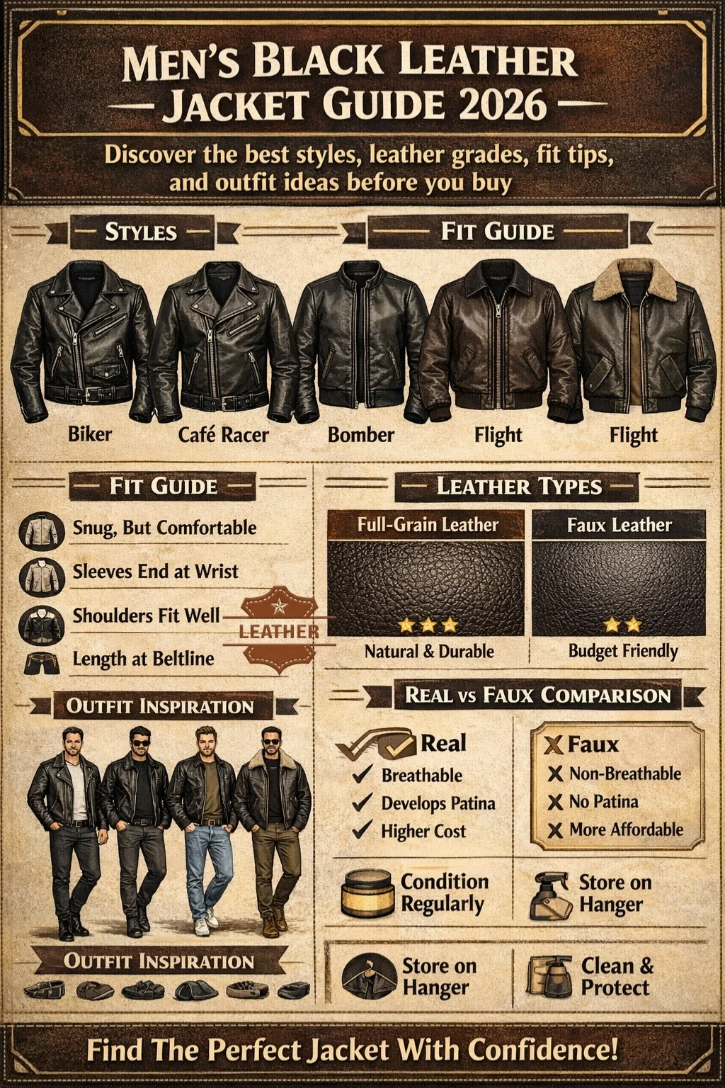 Men's black leather jacket infographic showing styles, fit guide, leather types, care tips, and real vs faux comparison for 2026 buyers.