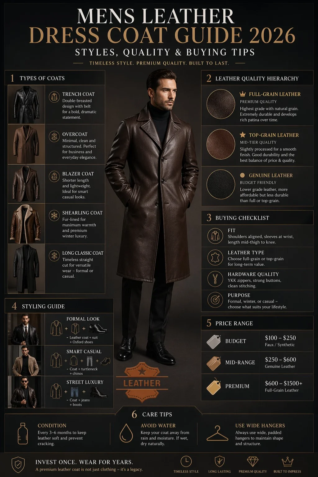 Men's leather dress coat infographic showing styles, leather quality types, buying checklist, pricing, and care tips for 2026.