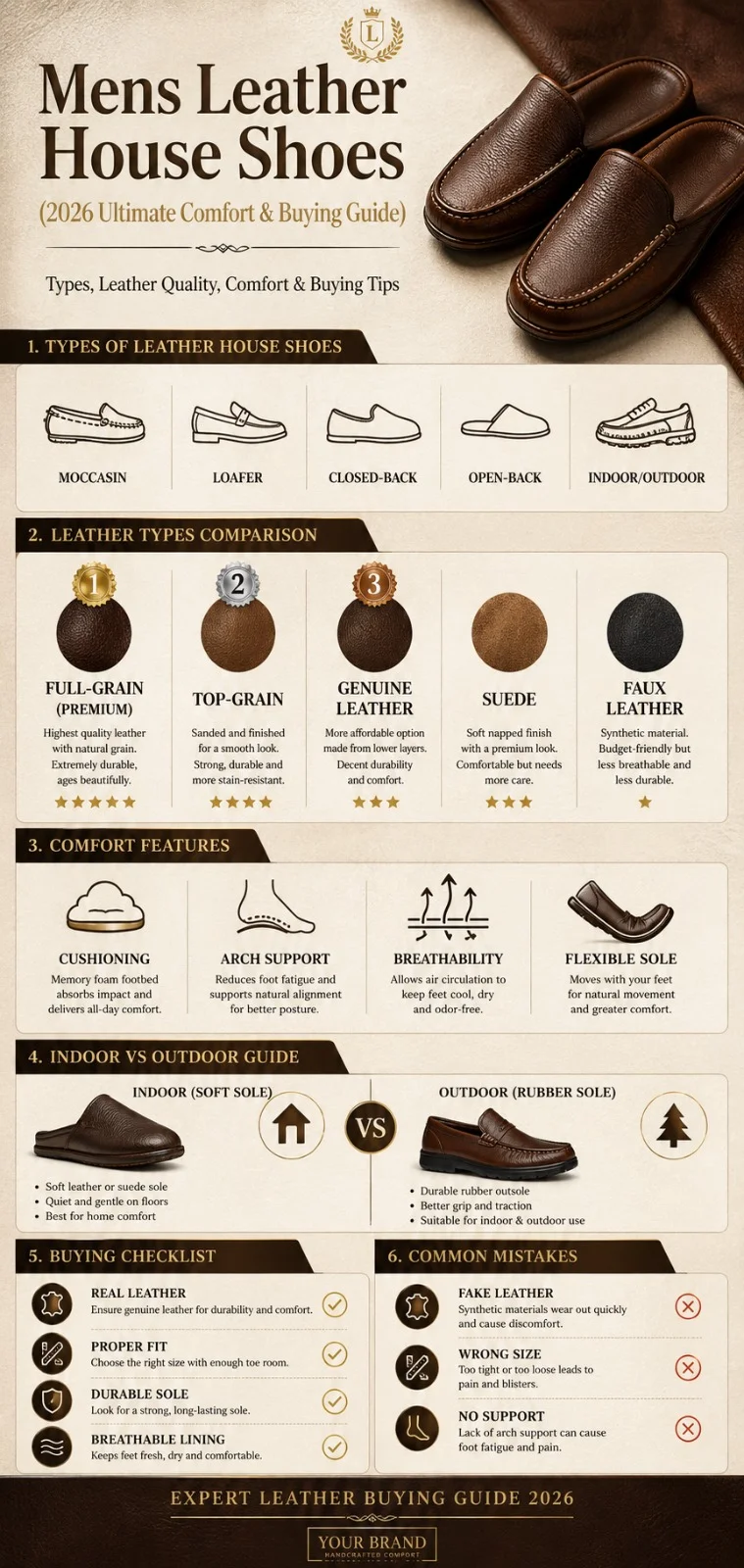 Men's leather house shoes infographic showing types, leather quality comparison, comfort features, and expert buying guide for 2026.