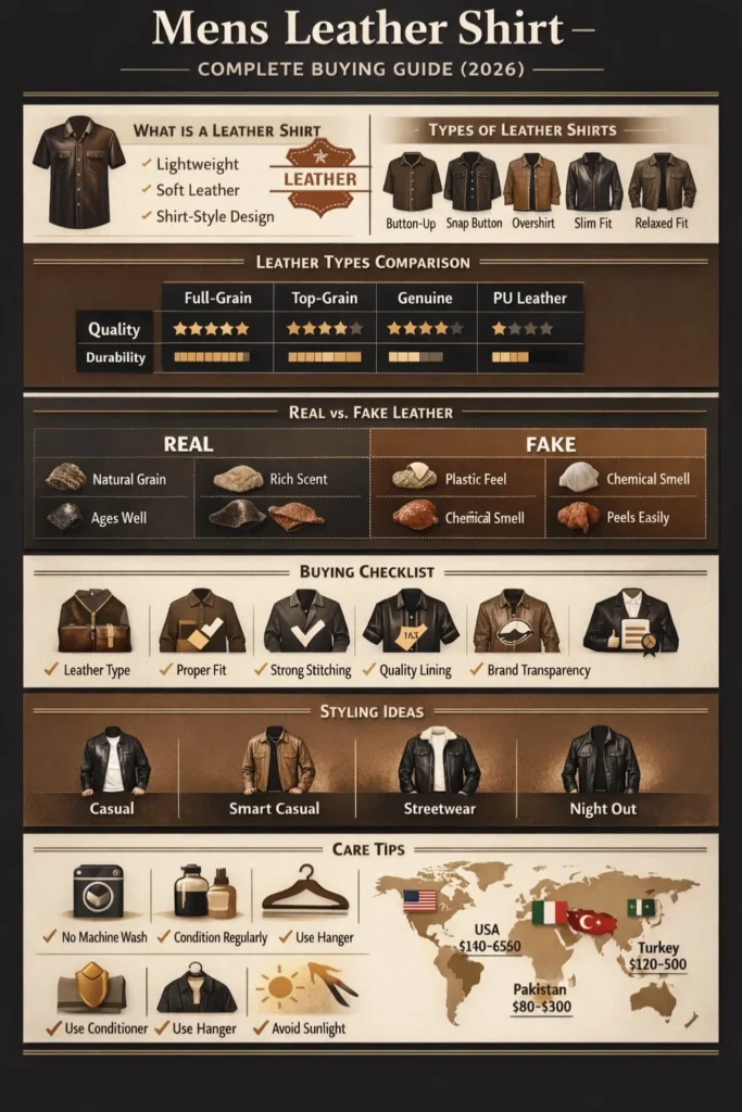 Men's leather shirt buying guide infographic showing leather types comparison, real vs fake leather tips, styling ideas, care tips, and price ranges (2026)