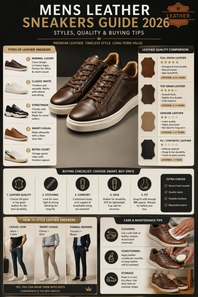Mens leather sneakers guide infographic 2026 showing styles, leather quality comparison, buying tips, and styling ideas for premium footwear selection.